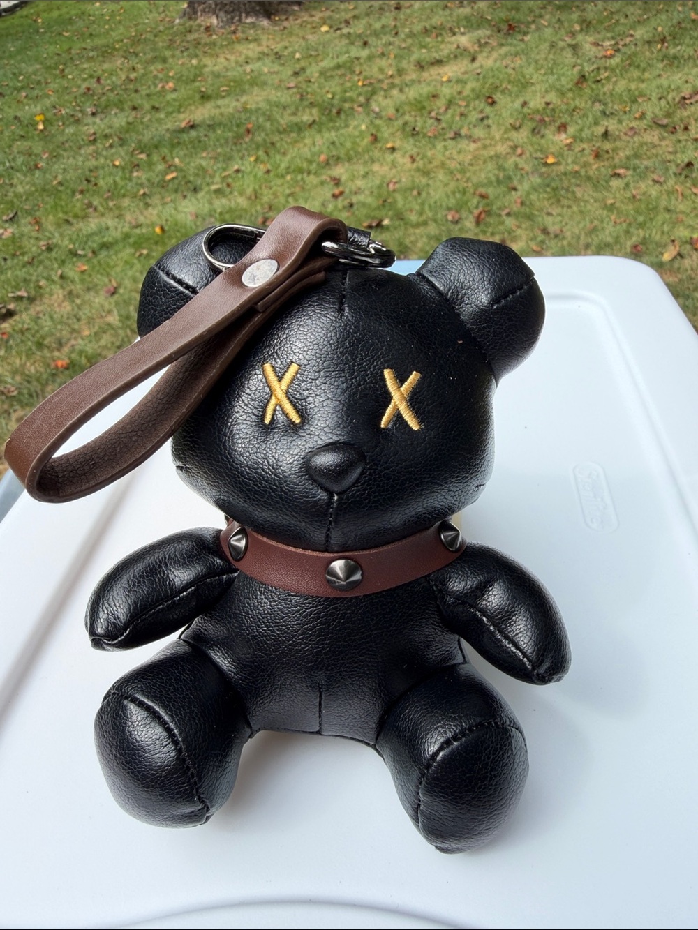Black Teddy Bear Keychain Bag Charm with Brown Strap faux leather